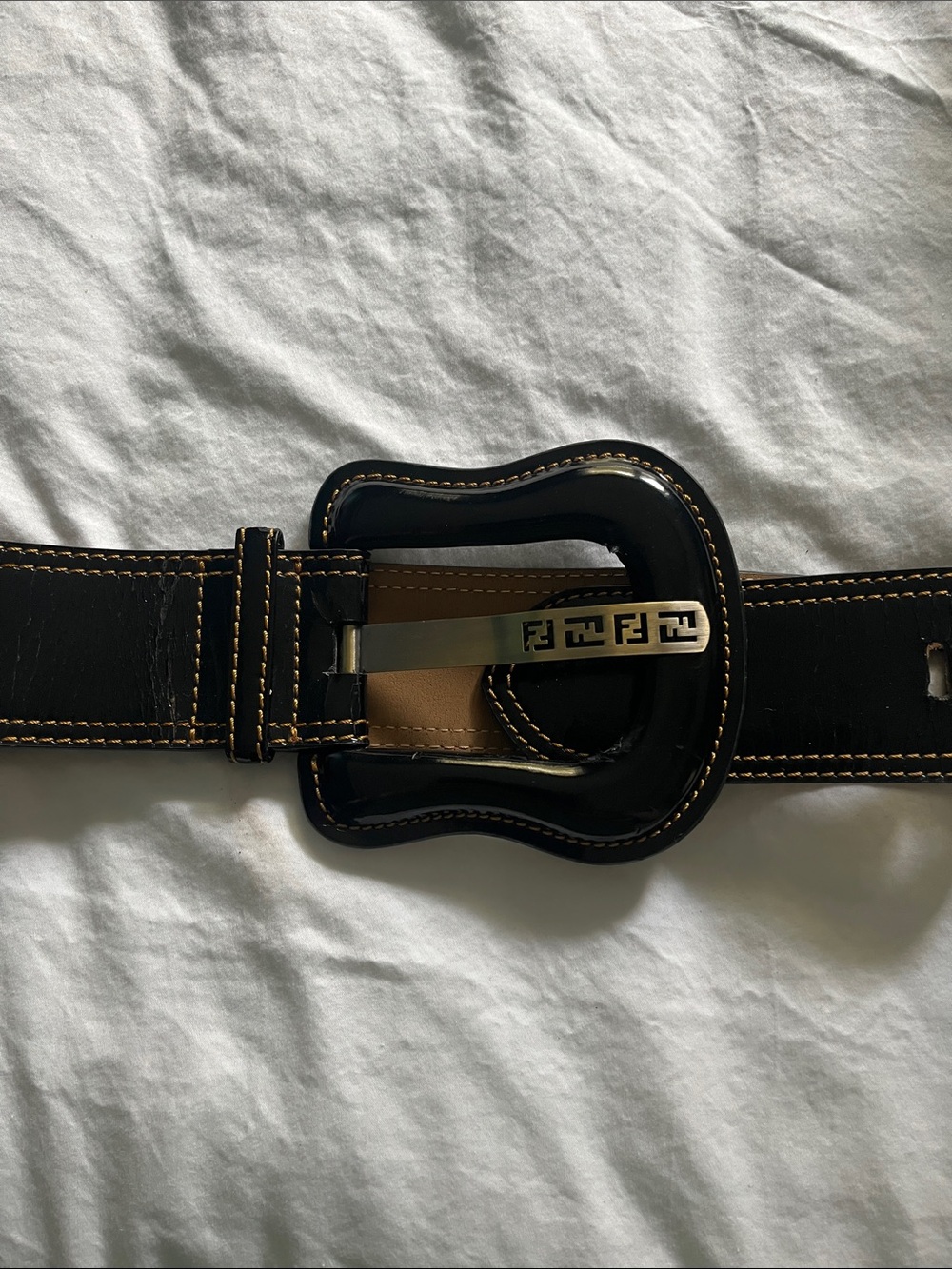 Fendi Black Patent Leather Belt with Branded Silver-Tone Buckle